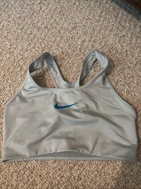 Nike Light Gray Sports Bra with Blue Swoosh Logo